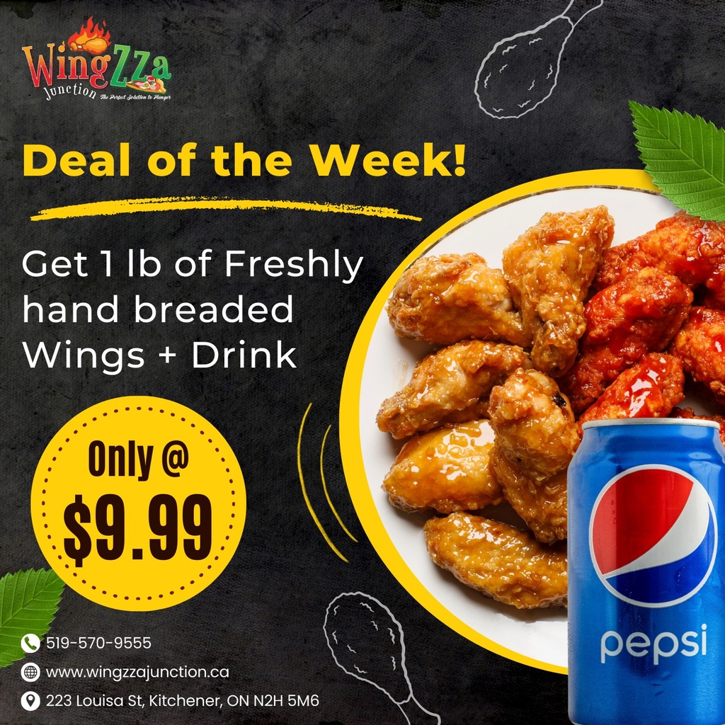 1lb Freshly hand breaded wings + 1 drinks