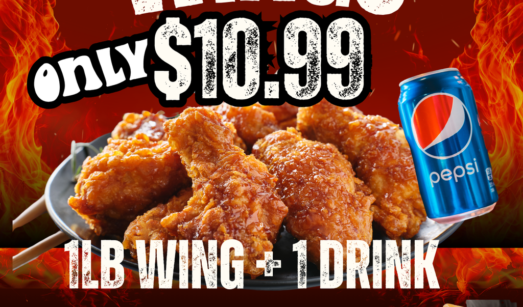 1lb Freshly hand breaded wings + 1 drinks