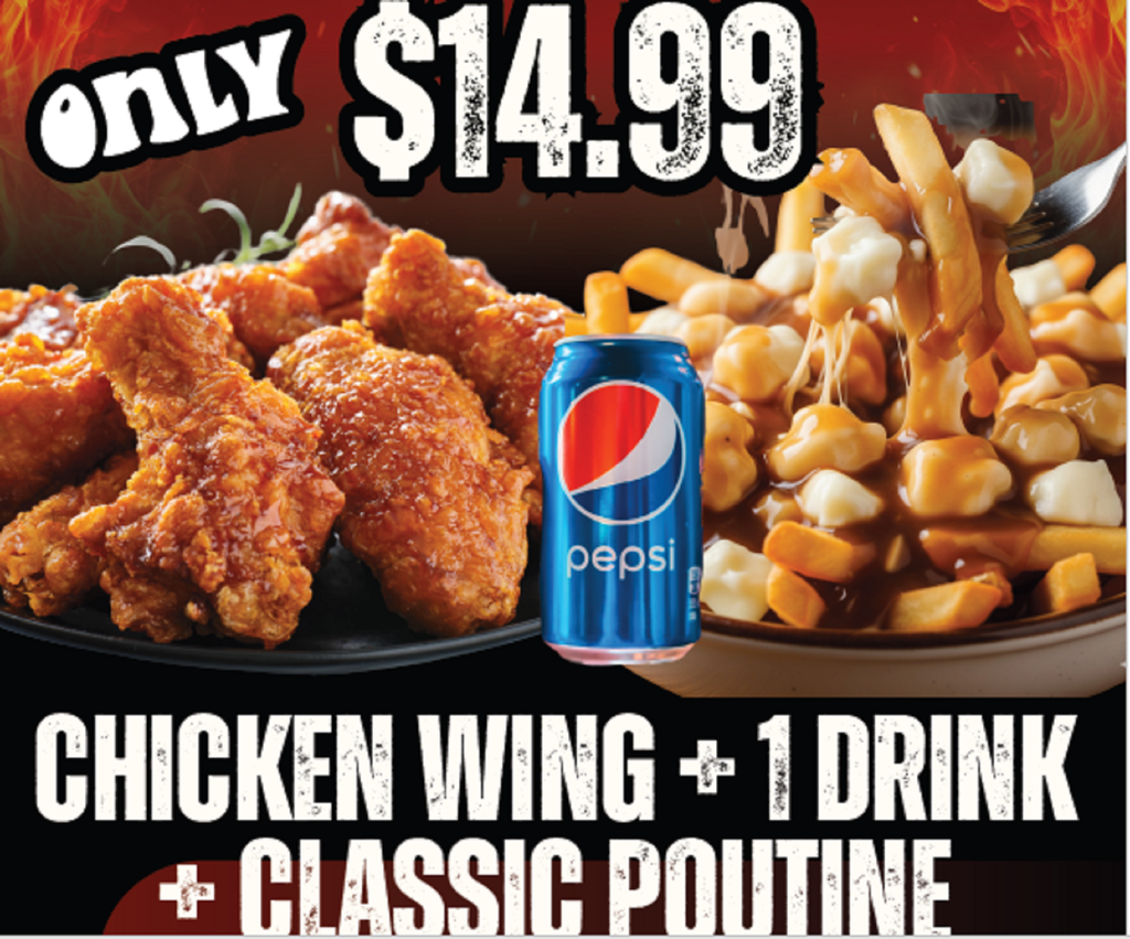 1lb Freshly hand breaded wings + Classic Poutine + 1 drinks