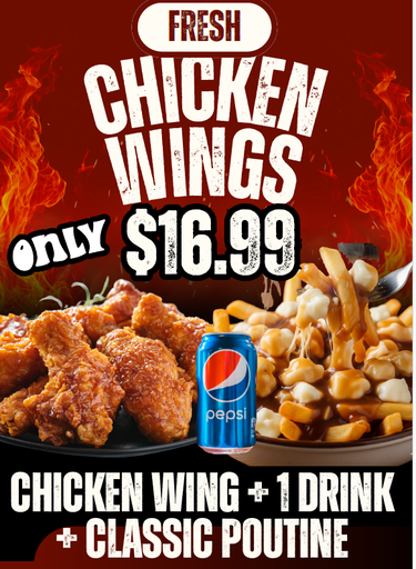 1lb Freshly hand breaded wings + Classic Poutine + 1 drinks